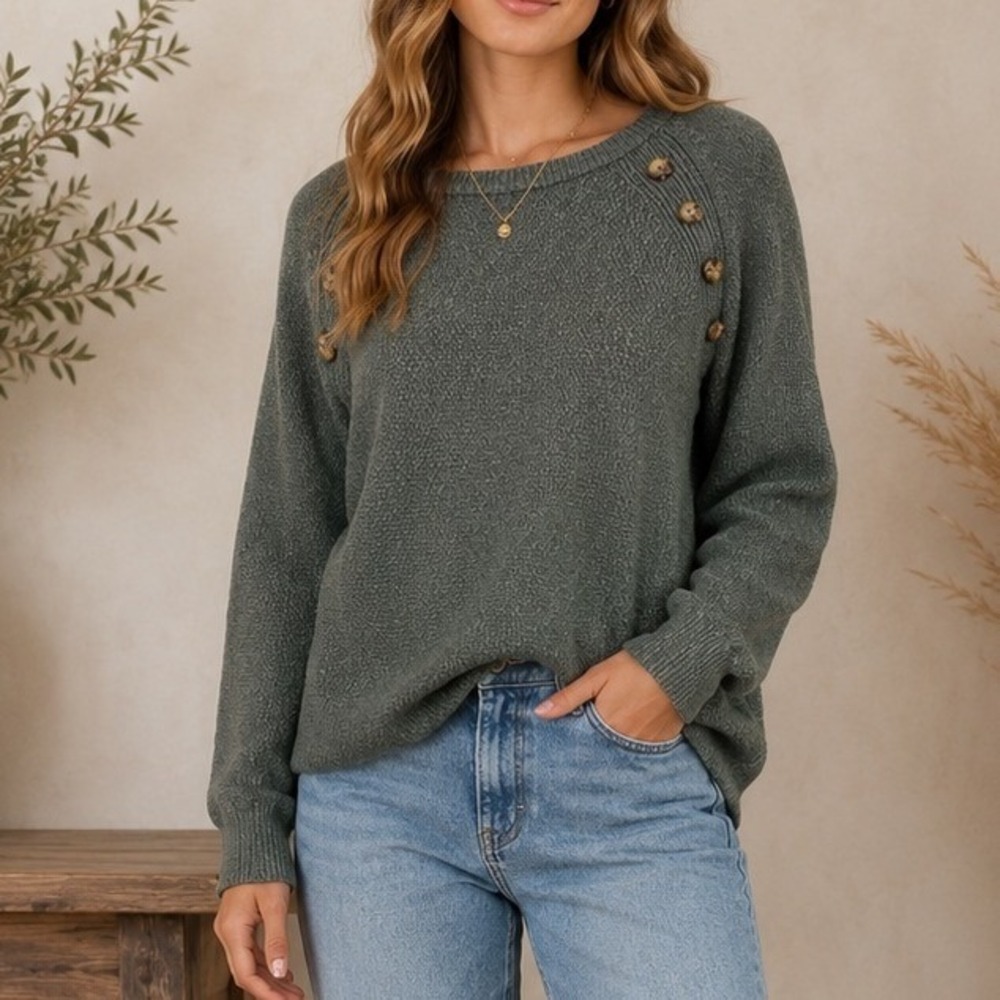 Market & Spruce Sweater Sage Green Button Shoulder Textured Knit Autumn Boho 1X